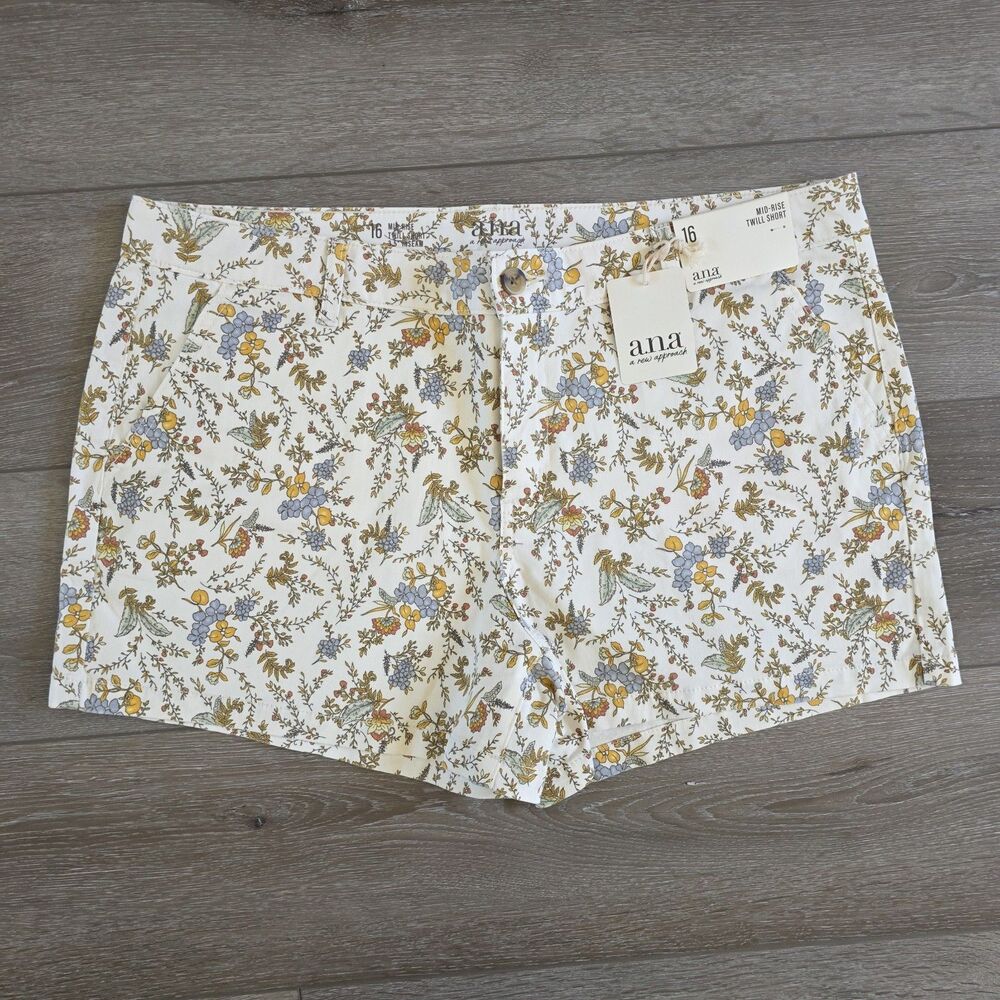 A.N.A. Mid Rise Shorts Twill Chino 3.5 Inseam Floral Womens Size 16 NWT Boho